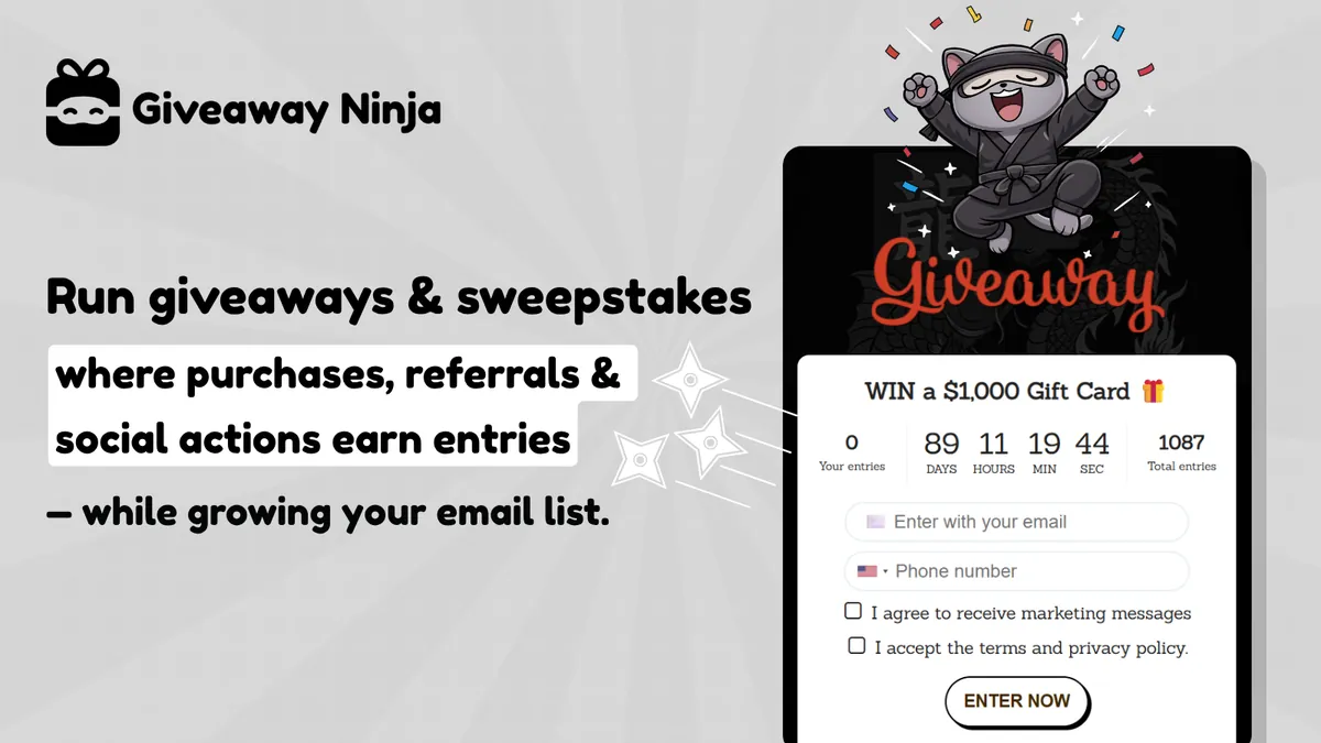 Giveaway Ninja: satın alma, referans ve sosyal etkileşimle katılım hakkı kazandıran çekilişler.