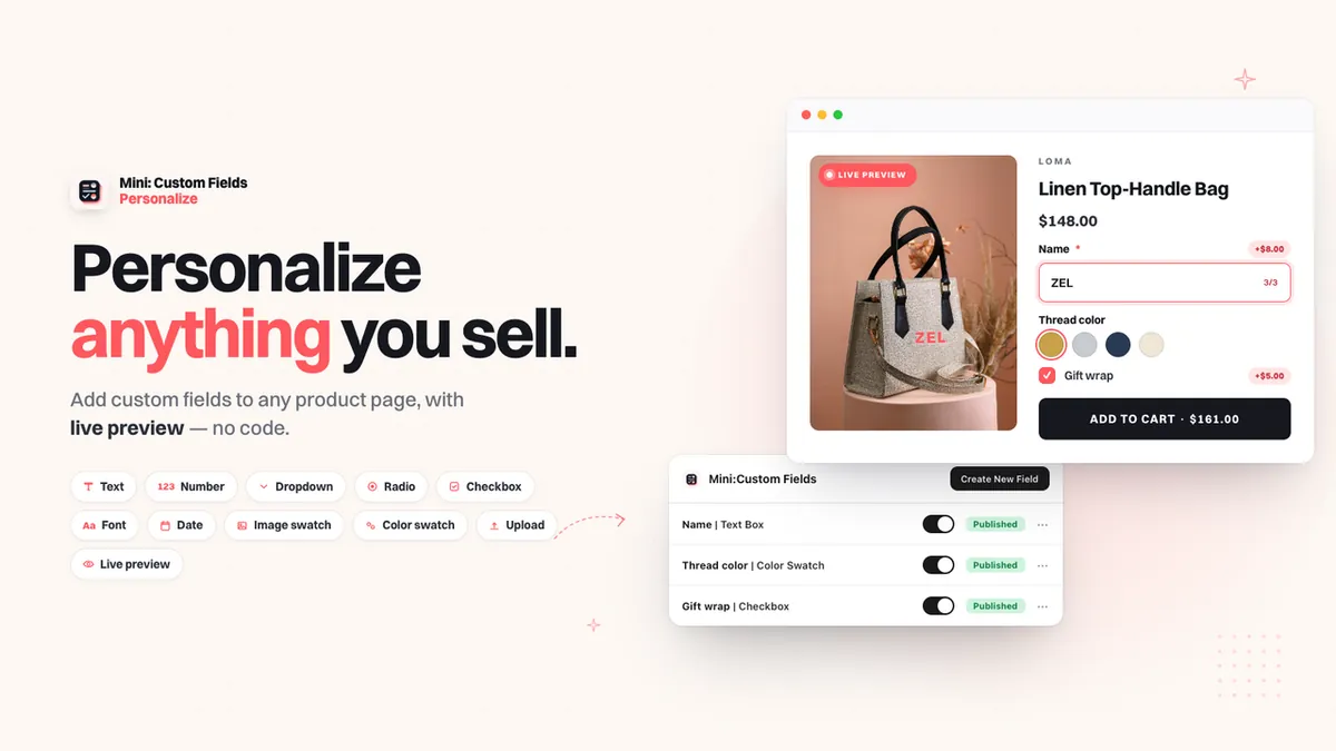 Mini: Custom Fields: kod yazmadan her ürün sayfasına kişiselleştirme alanları.