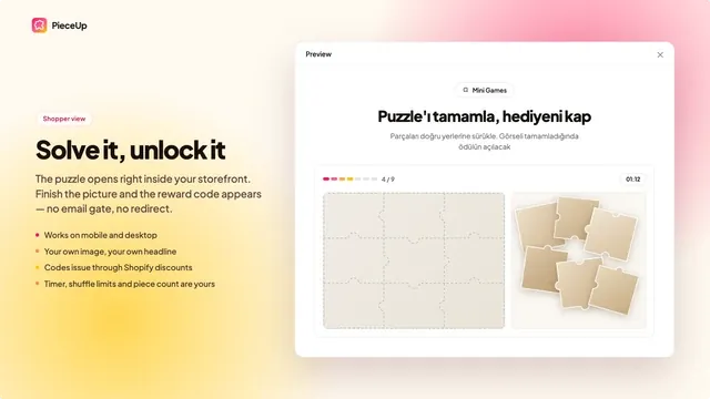 PieceUp: ziyaretçi yapbozu tamamlar ve indirimini kazanır.