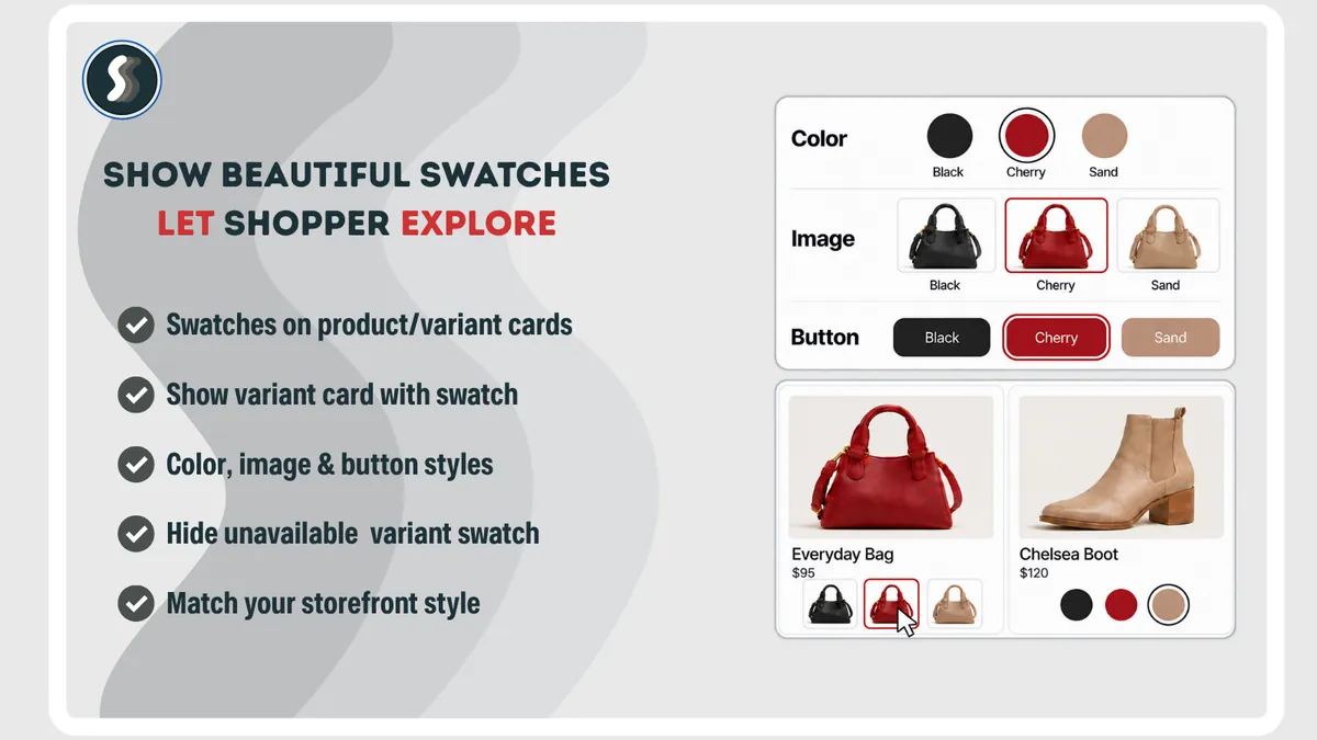 Ürün kartlarında renk, görsel ve buton swatch'ları.